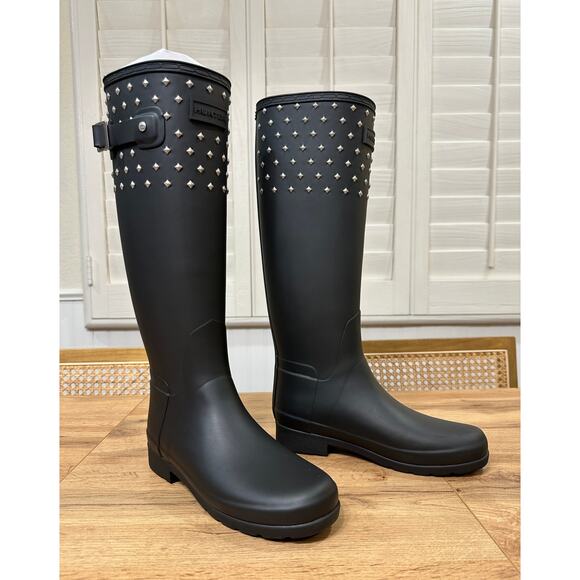 Hunter Womens Refined Tall Stud Cuff Boots Black Size 6 US 37 EU NWOB Rain Boots - Picture 2 of 15